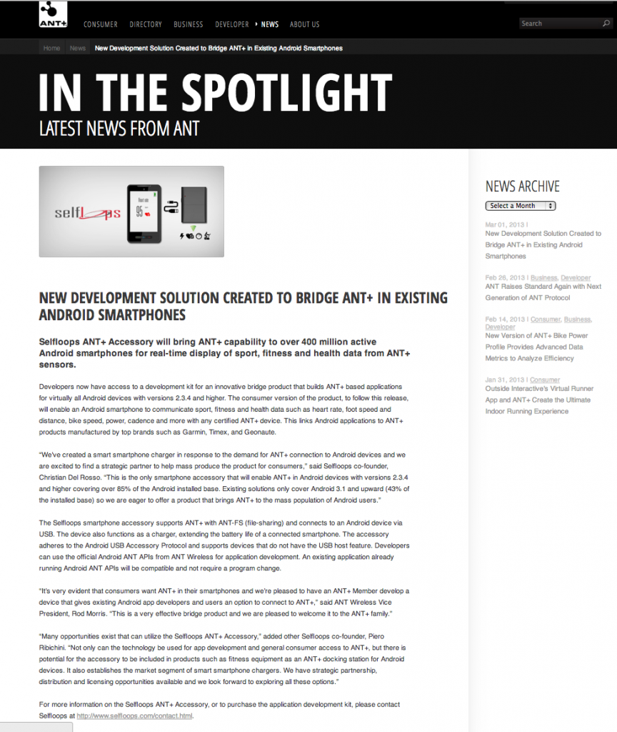 Selfloops ANT+ Accessory brings ANT+ capability to over 400 million ...